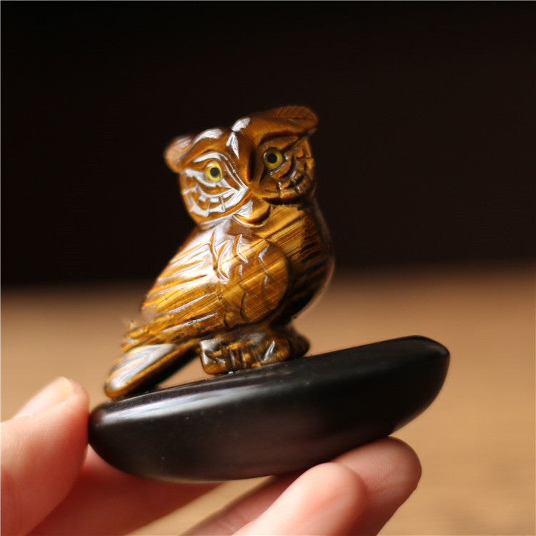 Natural Tiger Eye Obsidian Carved Owl Ornament