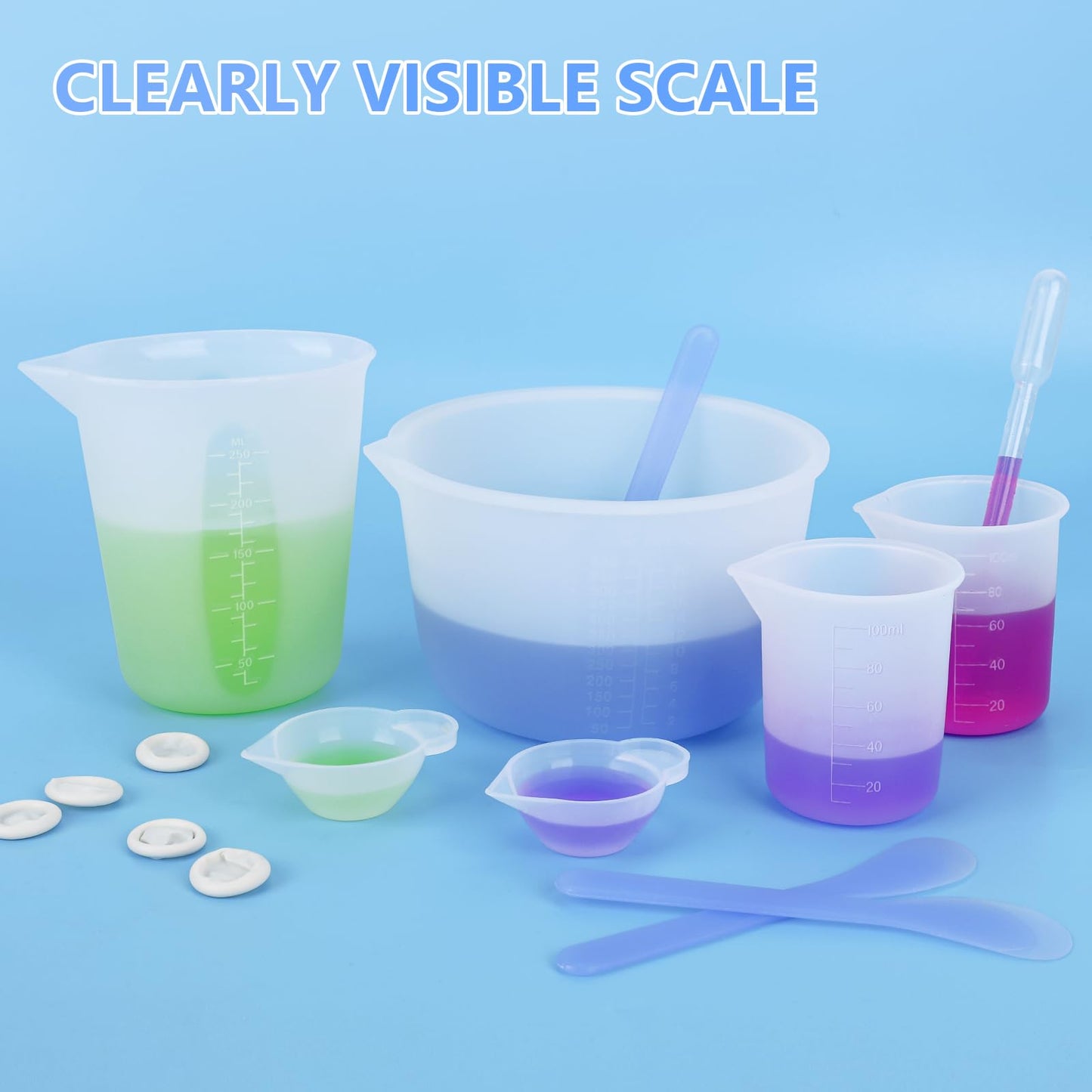 KISREL Silicone Measuring Cups for Resin, Resin Supplies with 600ML+250ML+ 100ML Silicone Cups, Resin Mixing Cups, Silicone Stir Sticks, Epoxy Mixing Cup