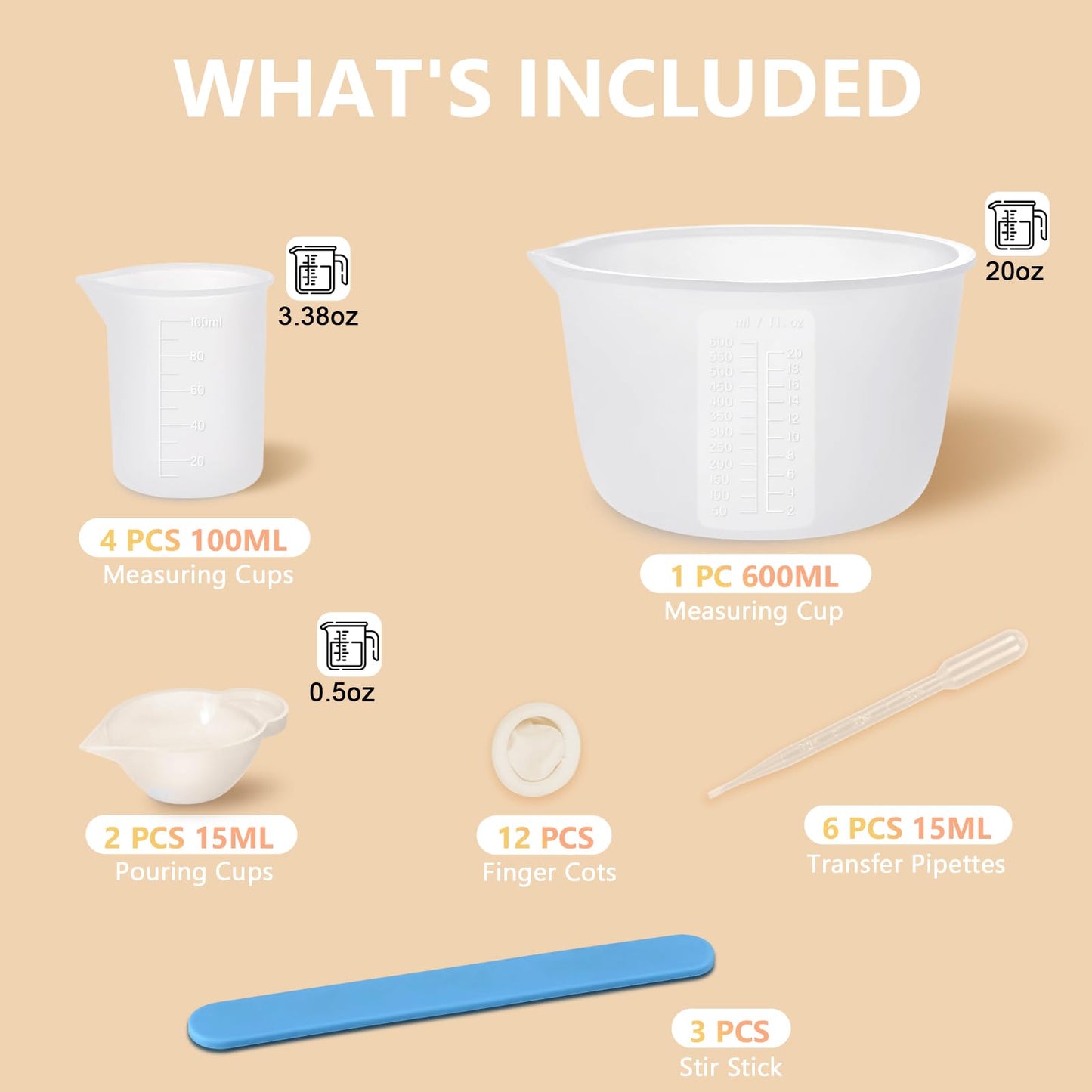 KISREL Silicone Measuring Cups for Resin, Resin Supplies with 600ML+250ML+ 100ML Silicone Cups, Resin Mixing Cups, Silicone Stir Sticks, Epoxy Mixing Cup