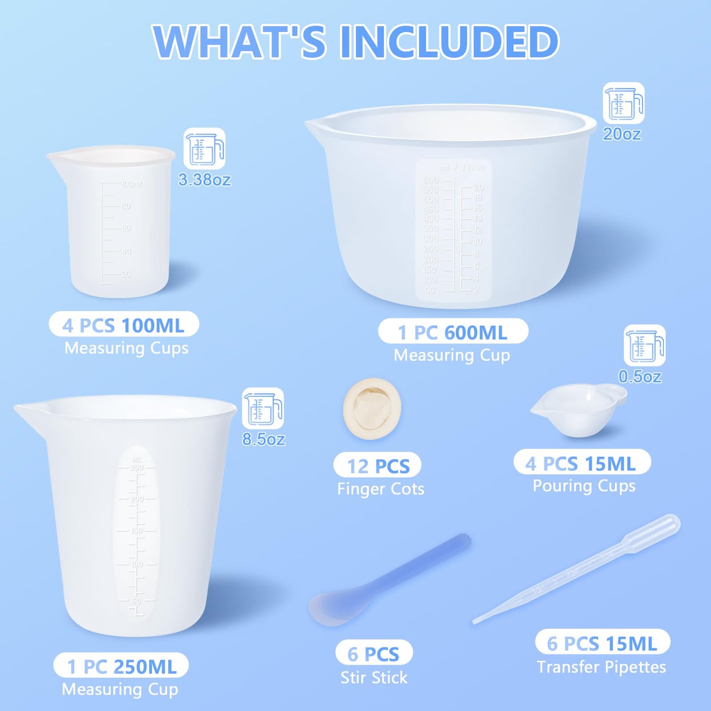 KISREL Silicone Measuring Cups for Resin, Resin Supplies with 600ML+250ML+ 100ML Silicone Cups, Resin Mixing Cups, Silicone Stir Sticks, Epoxy Mixing Cup