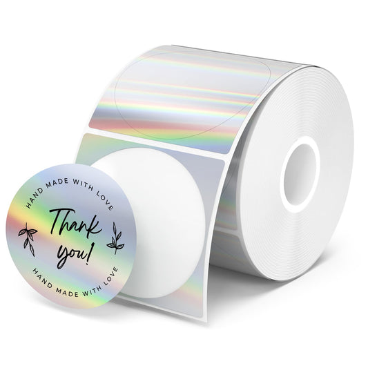 MUNBYN 2" Circle Holographic Thermal Label Stickers, Round Printable Rainbow Glitter Thermal Printer Sticker Labels for Christmas Gift Wrapping, Self-Adhesive Name Price Tag DIY Custom Logo Design