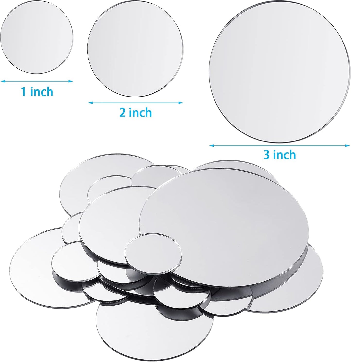 100 Pieces Mini Size Round Mirror Small Round Mirror Adhesive Mirror Round Craft Mirror Tiles for Crafts and DIY Projects Supplies, 1 Inch, 2 Inch, 3 Inch (Silver）