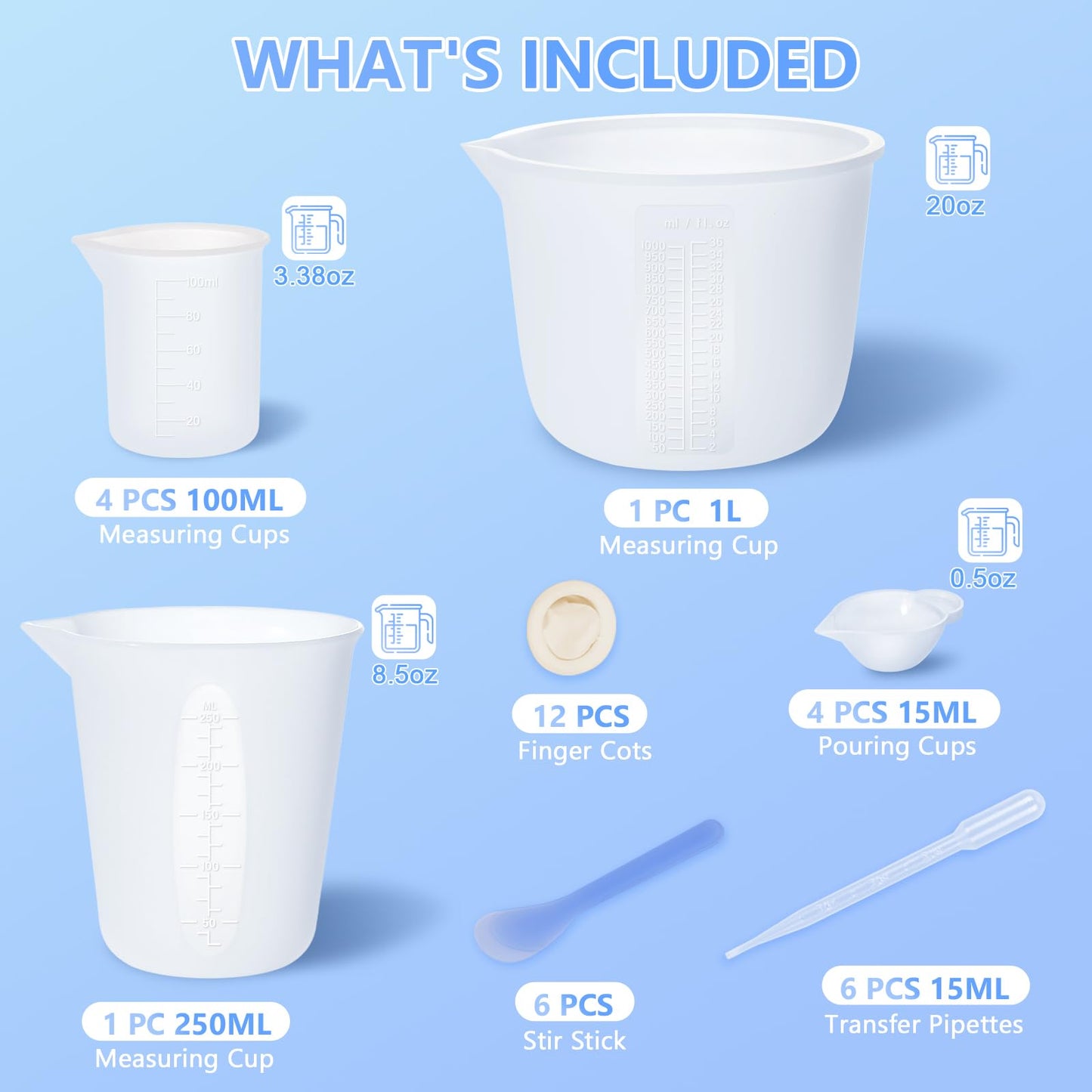 KISREL Silicone Measuring Cups for Resin, Resin Supplies with 600ML+250ML+ 100ML Silicone Cups, Resin Mixing Cups, Silicone Stir Sticks, Epoxy Mixing Cup