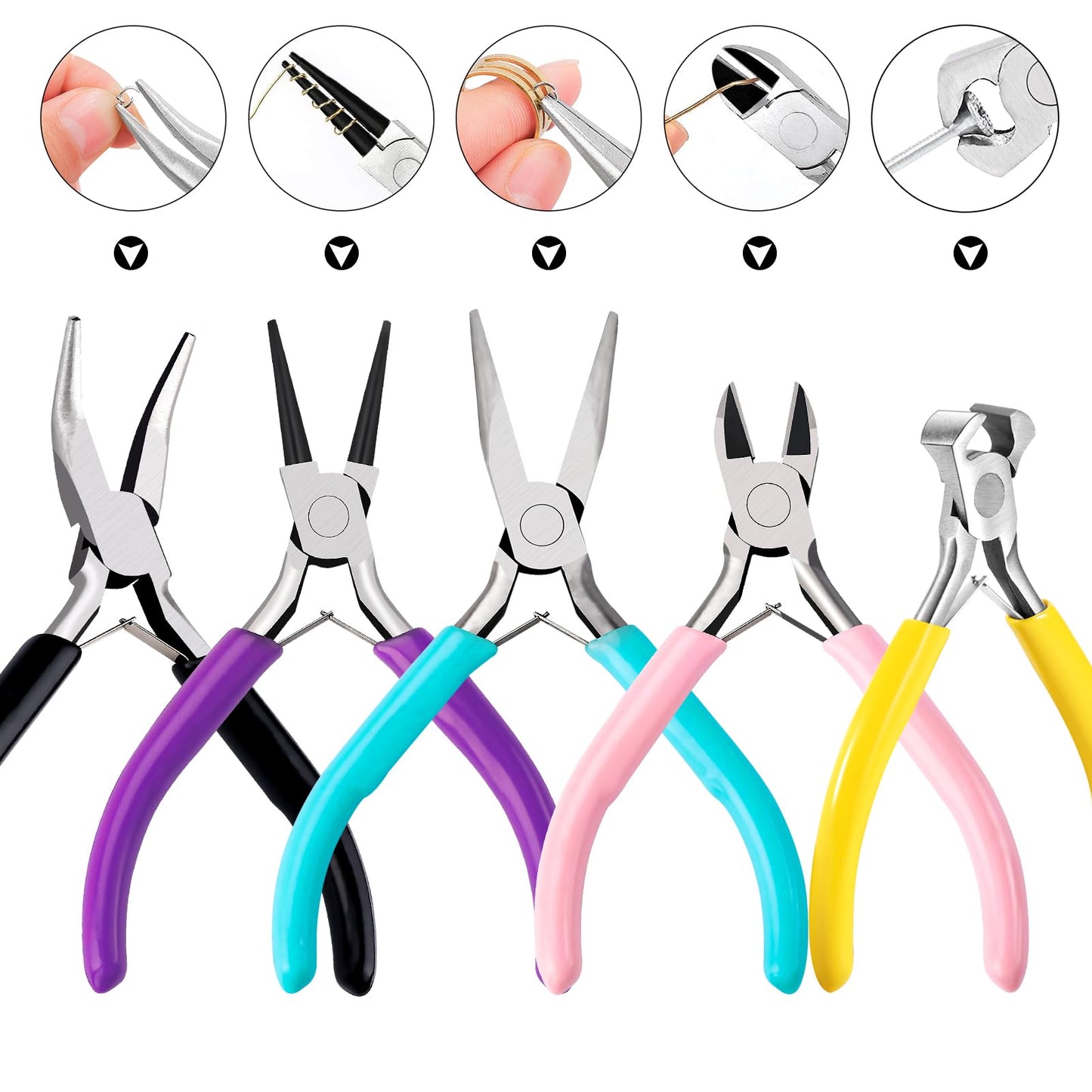 5Pcs Jewelry Pliers Jewelry Making Pliers Tools with Needle Nose Pliers/Round Nose Pliers/Chain Nose Pliers/Bent Nose Pliers/Zipper Pliers Wire Cutters for Wire Wrapping Earring Craft Making Supplies