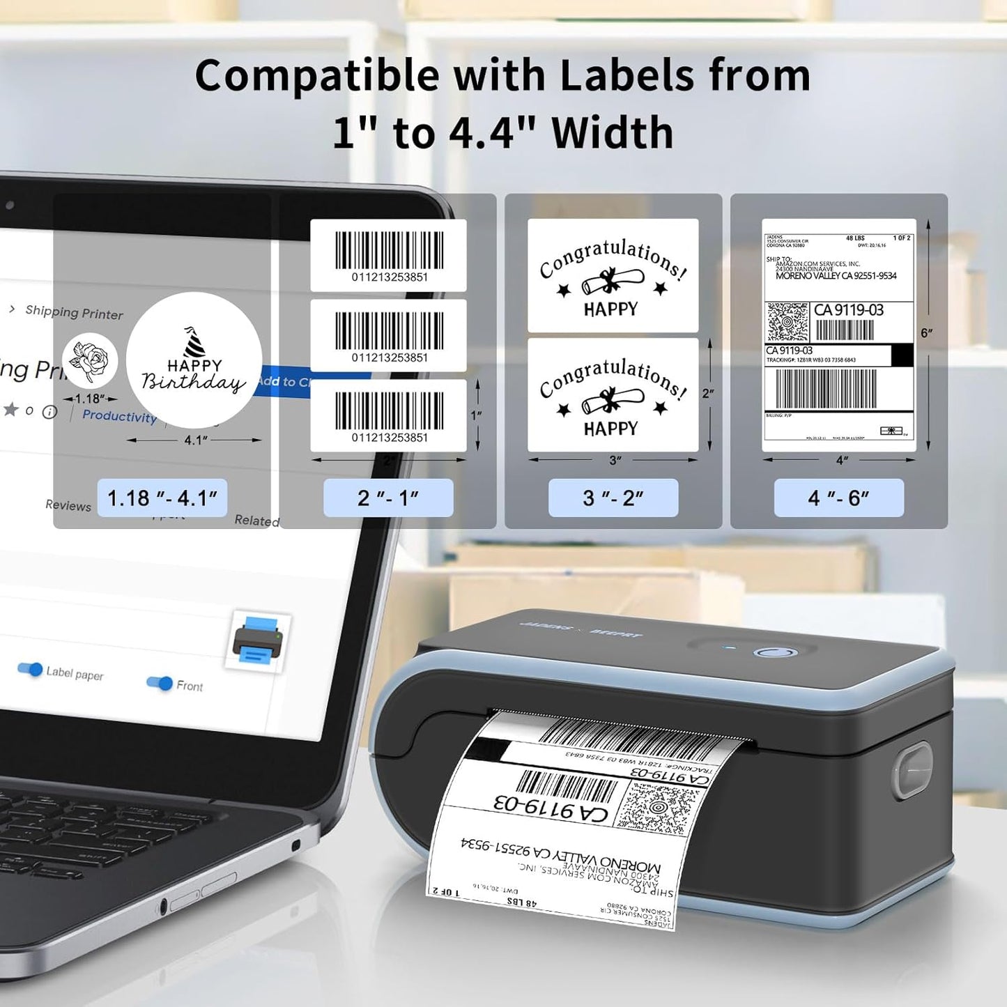 JADENS Bluetooth Thermal Label Printer, Wireless Label Printer with Built-in Paper Bin, Compatible with iOS, Android, Windows, Mac, Chromebook, Widely Used for Etsy, Ebay, Shopify, USPS