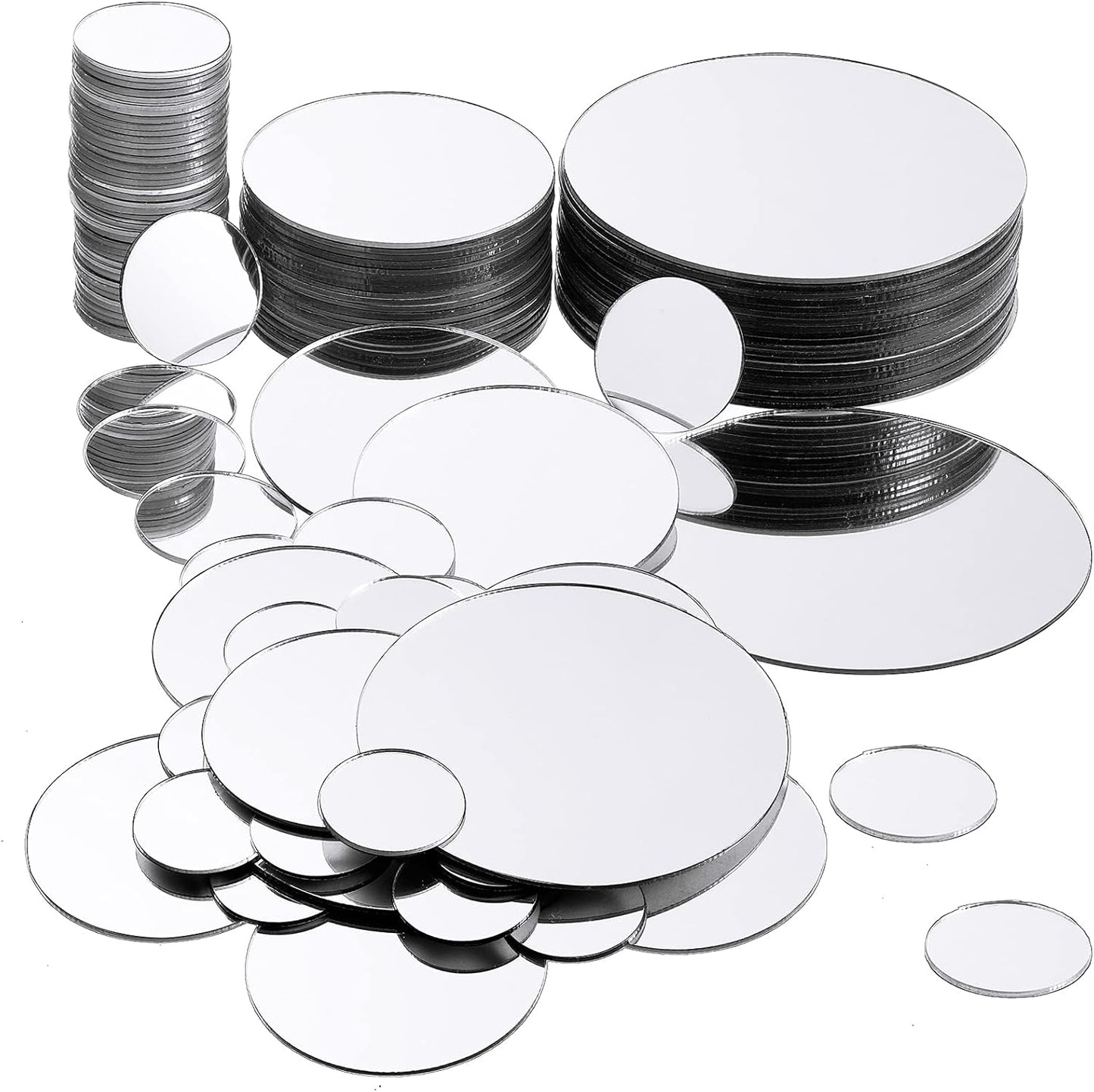 100 Pieces Mini Size Round Mirror Small Round Mirror Adhesive Mirror Round Craft Mirror Tiles for Crafts and DIY Projects Supplies, 1 Inch, 2 Inch, 3 Inch (Silver）