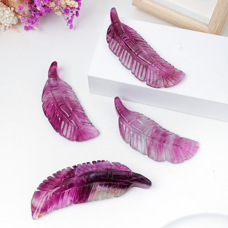 Natural Purple Fluorite Feather Carving Pieces Crystal Ornaments