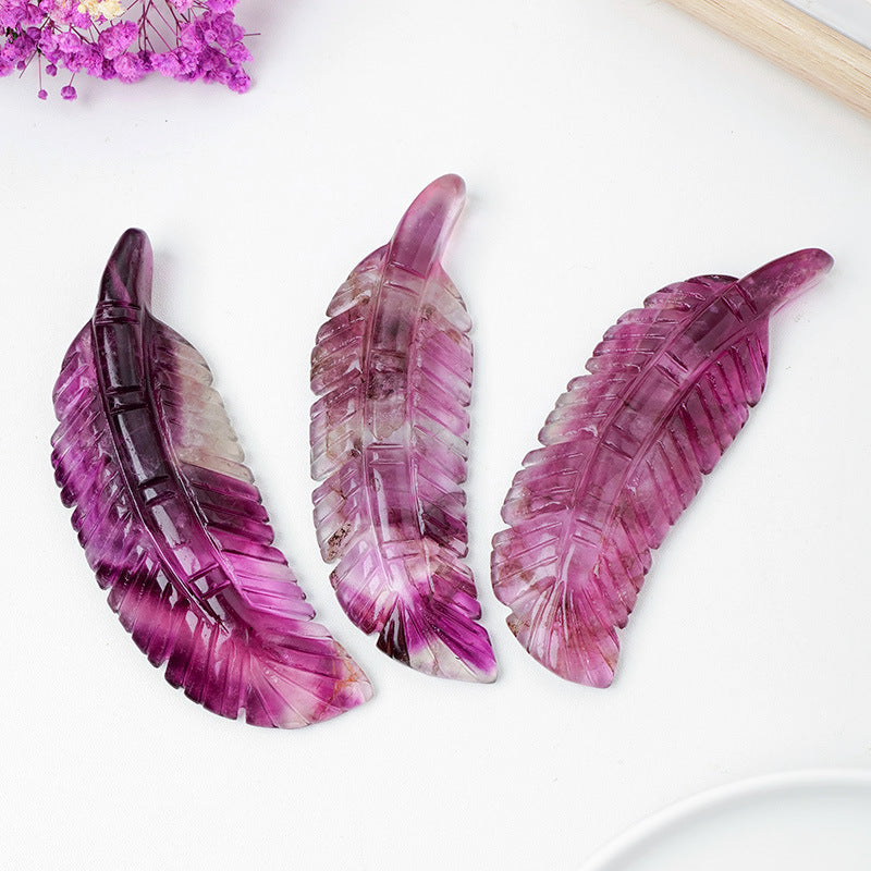 Natural Purple Fluorite Feather Carving Pieces Crystal Ornaments